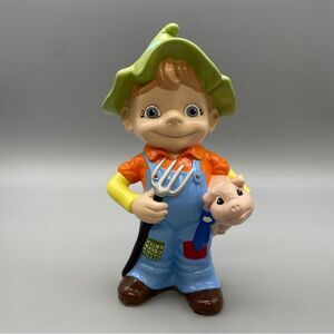 Vintage Bank Ceramic Boy With Blue Ribbon Pig Bank Figurine Mid Century Kitsch